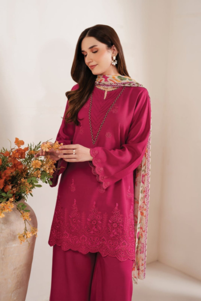 Baroque-Dhanak Unstitch Embroidered 3pc pink Dress