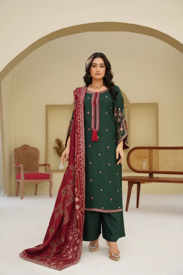 Dark Green Embroidered 3pc Suit with Maroon Dupatta