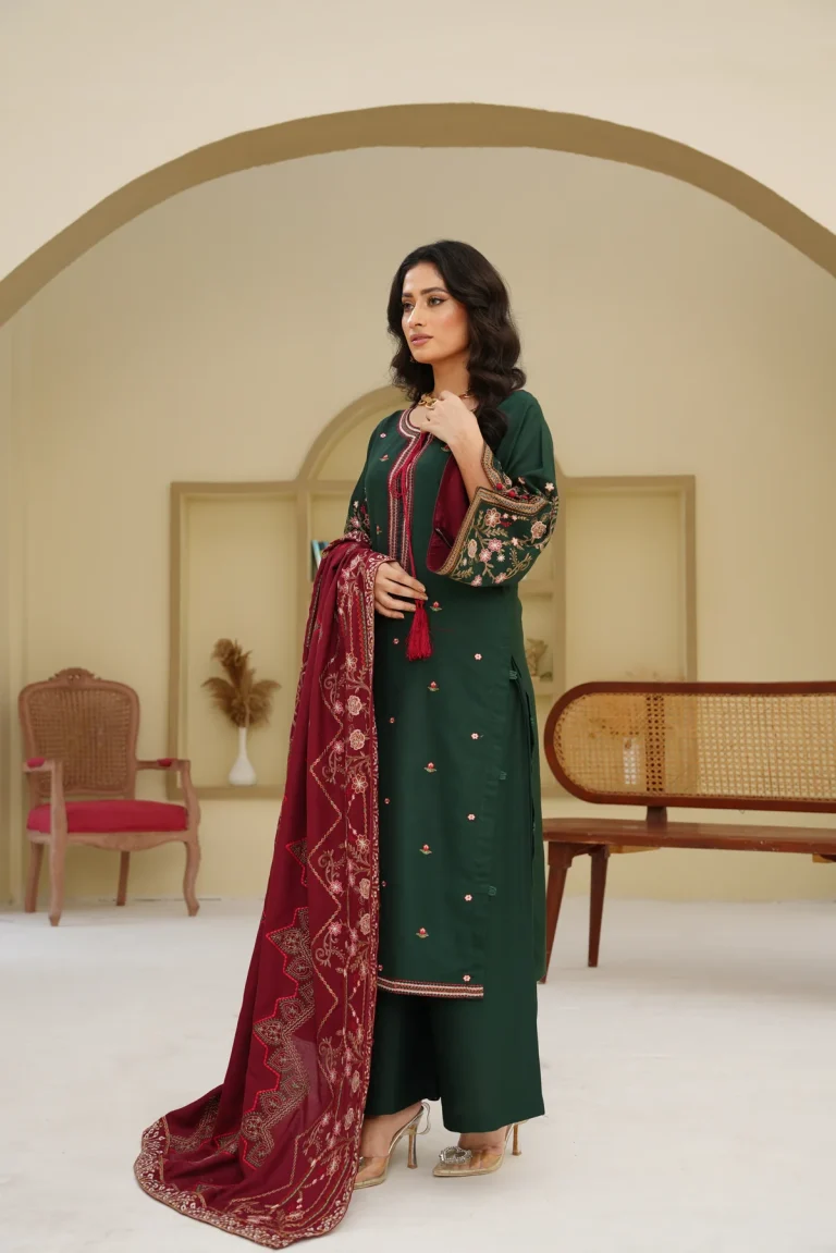 Dark Green Embroidered 3pc Suit with Maroon Dupatta