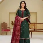 Dark Green Embroidered 3pc Suit with Maroon Dupatta