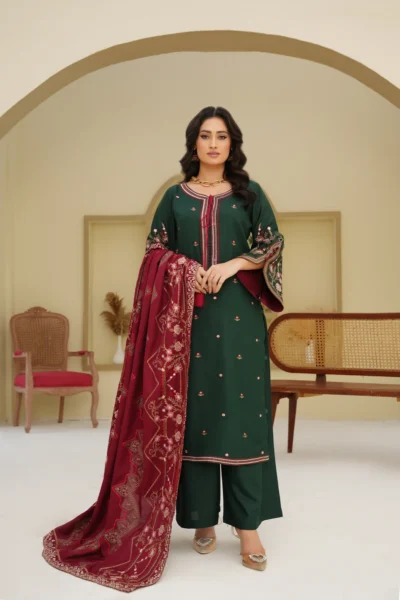 Dark Green Embroidered 3pc Suit with Maroon Dupatta
