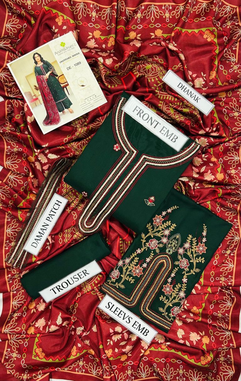 Dark Green Embroidered 3pc Suit with Maroon Dupatta
