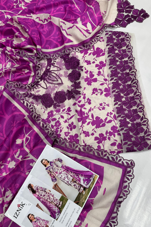 Iznik-Lawn 3pc Printed with Embroidered Patches