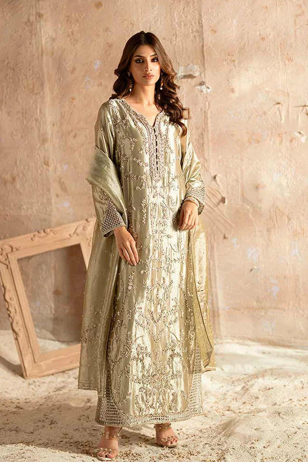 Luxury Jade Green Embroidered Long 3pc Dress
