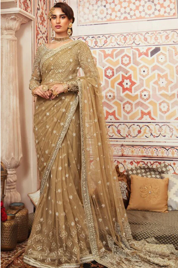 Maria B - Couture Beige Bareeze Net Saree with Sequences