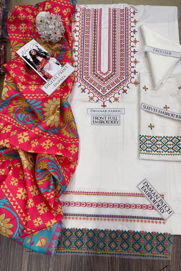 Sapphire-Embroidered 3pc Dhanak with Printed Dupatta