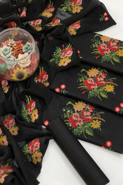 Cotton Lawn Emboridered 3pc Chiffon Embroidery Dupatta