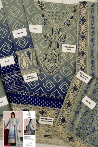 Nureh-Printed Lawn + Patches + Chiffon Embroidery Dupatt