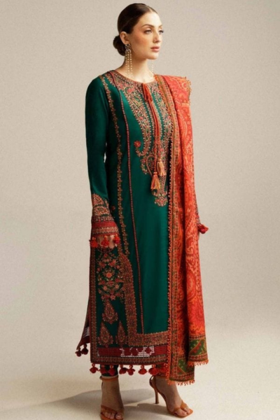 Hussain Rehar-Embroidered Lawn 3pc and Fancy Voile Dupatta