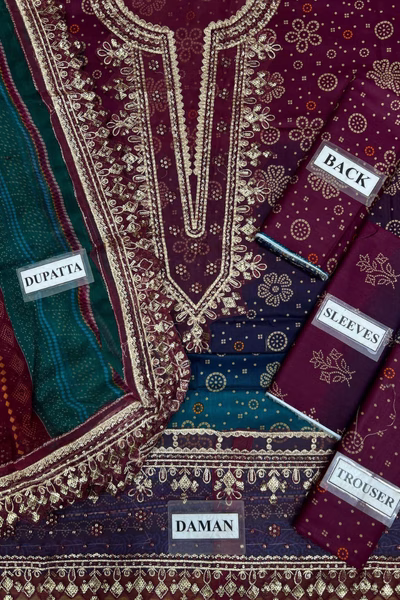 Nureh-Emboidred 3pc with ChiffonDupatta & lace