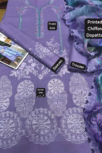 Mushq luxury purple embroidered lawn dress with chiffon dupatta