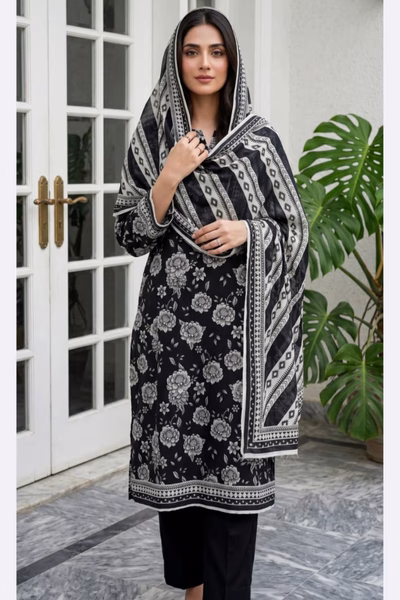 Mahrooj Printed Lawn Black & White 3pc Dress