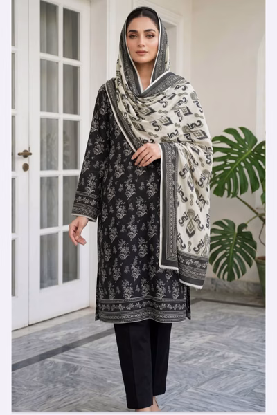 Mahrooj Printed Lawn 3pc Black & White Dress