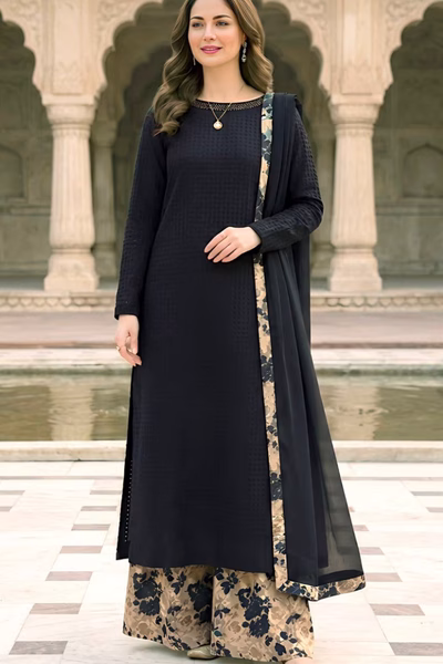 Chikankari Embroidered Black Lawn 3pc Dress