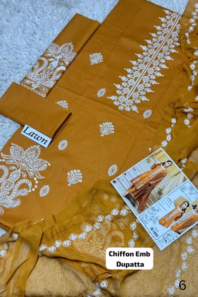 Embroidered 3pc Lawn & Embroidered Chiffon Dupatta (2) Embroidered 3pc Lawn & Embroidered Chiffon Dupatta