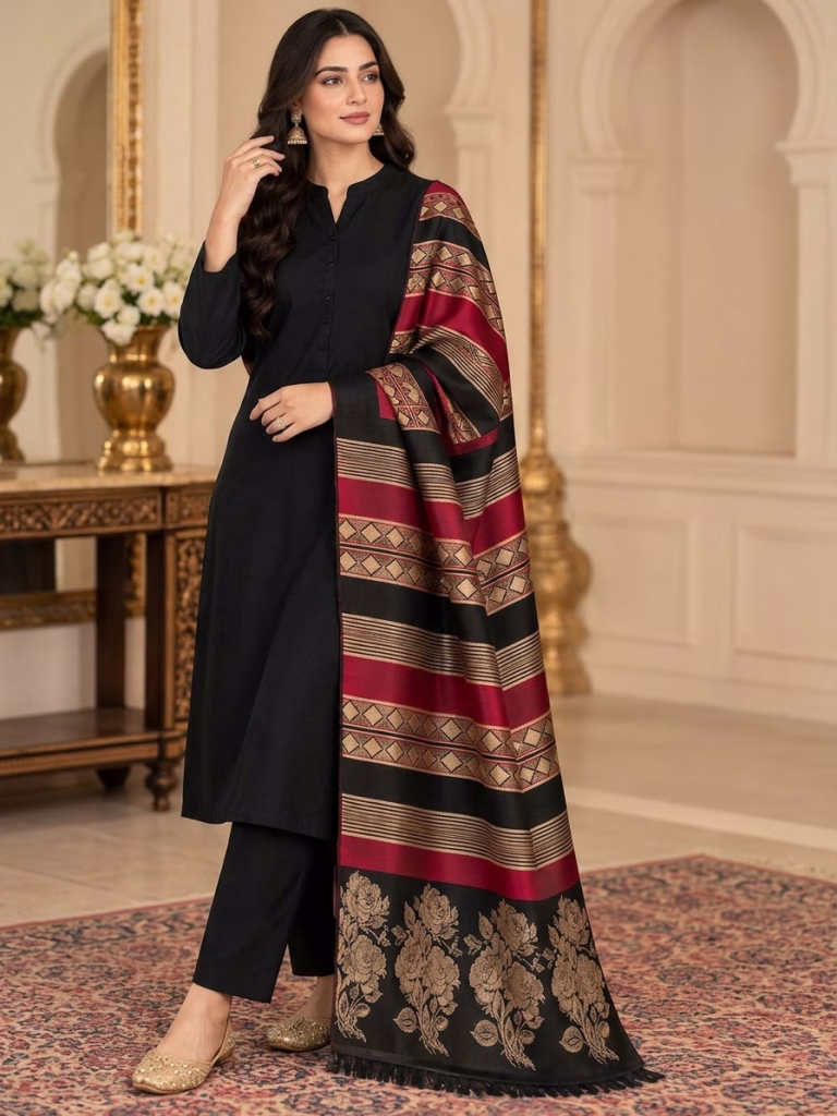 Danak Fancy Wool Shawl 3-Piece Black Suit