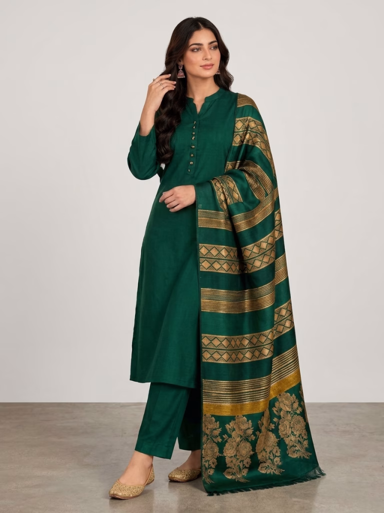 Danak Fancy Wool Shawl 3-Piece Bottle Green Suit