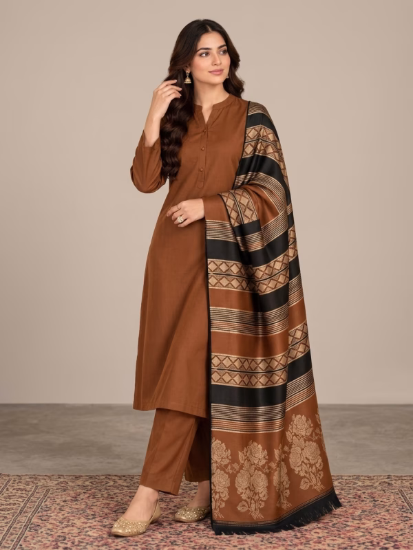 Danak Fancy Wool Shawl 3-Piece Brown Suit