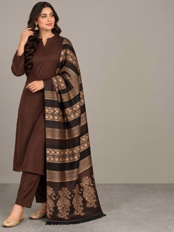 Danak Fancy Wool Shawl 3-Piece Dark Brown Suit