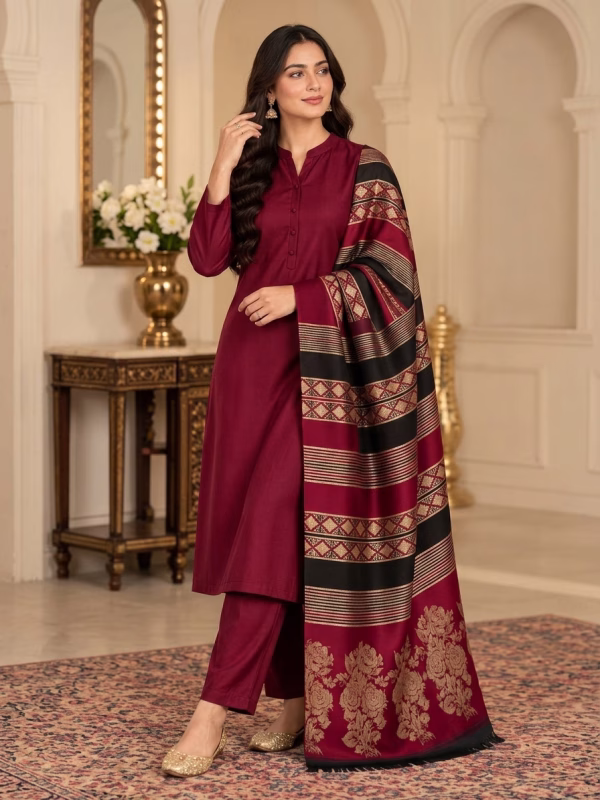 Danak Fancy Wool Shawl 3-Piece maroonplum Suit