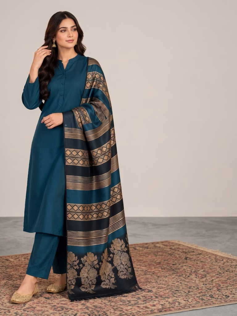 Danak Fancy Wool Shawl 3-Piece teal blue Suit