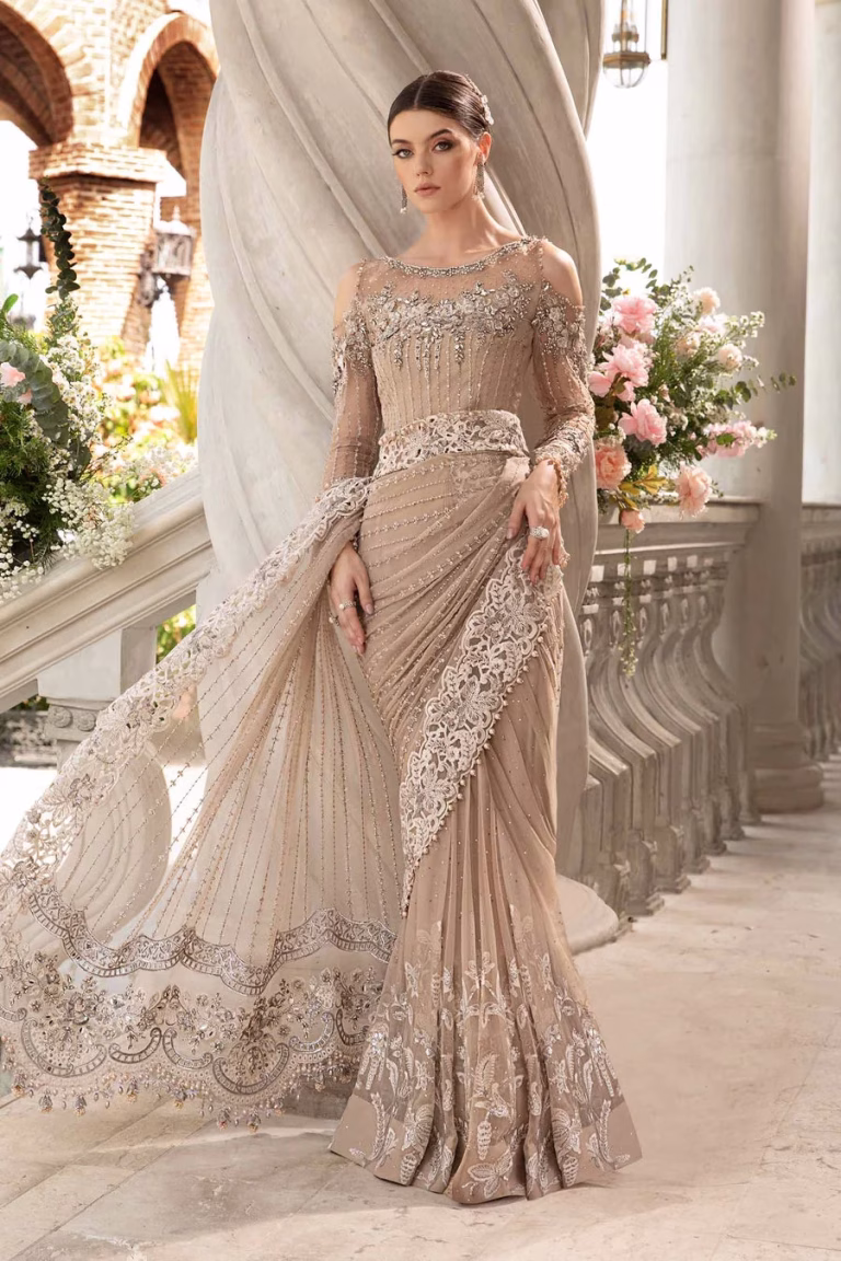 Luxury embroidered chiffon saree with organza blouse, pearl embellishments and raw silk petticoat