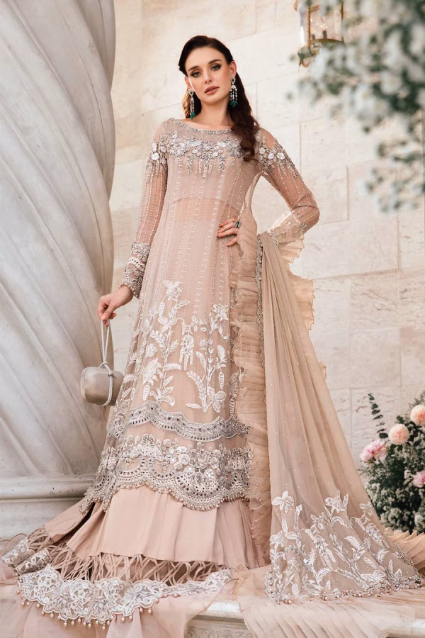 Luxury embroidered chiffon saree with organza blouse, pearl embellishments and raw silk petticoat