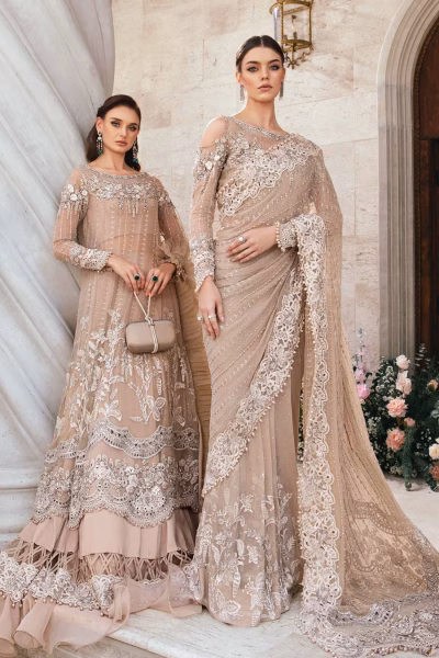 Luxury embroidered chiffon saree with organza blouse, pearl embellishments and raw silk petticoat