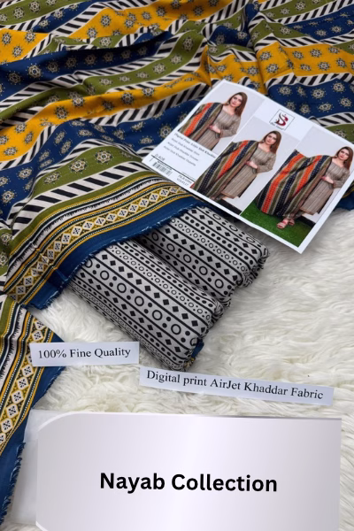 Mustard Blue Digital Print Airjet Khaddar 3 Piece Suit