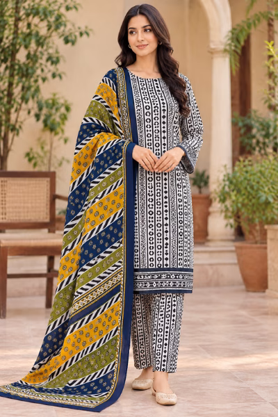 Mustard Blue Digital Print Airjet Khaddar 3 Piece Suit