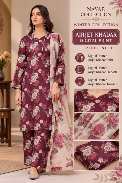 Burgundy Floral Airjet Khaddar Digital Print 3 Piece Suit