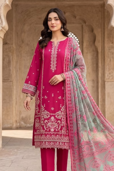 Magenta Pink Luxury Embroidered Stitched 3PC Suit
