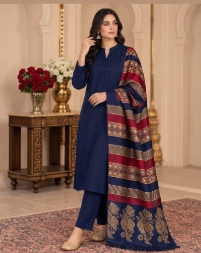 Danak Fancy Wool Shawl 3-Piece Blue Suit
